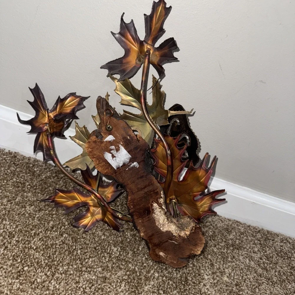 Vtg MCM Metal Wall Art Butterfly & Maple Leaves Brass Copper Brutalist Wood - Picture 5 of 6